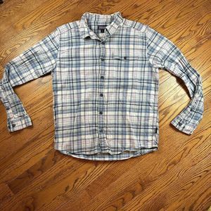 Patagonia Shirt Mens Medium Fjord Flannel Blue White Pink Plaid Organic Cotton